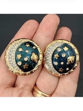 VTG Swarovski Pave Crystal Moon Star Galaxy Blue Enamel Gold Tone Clip Earrings